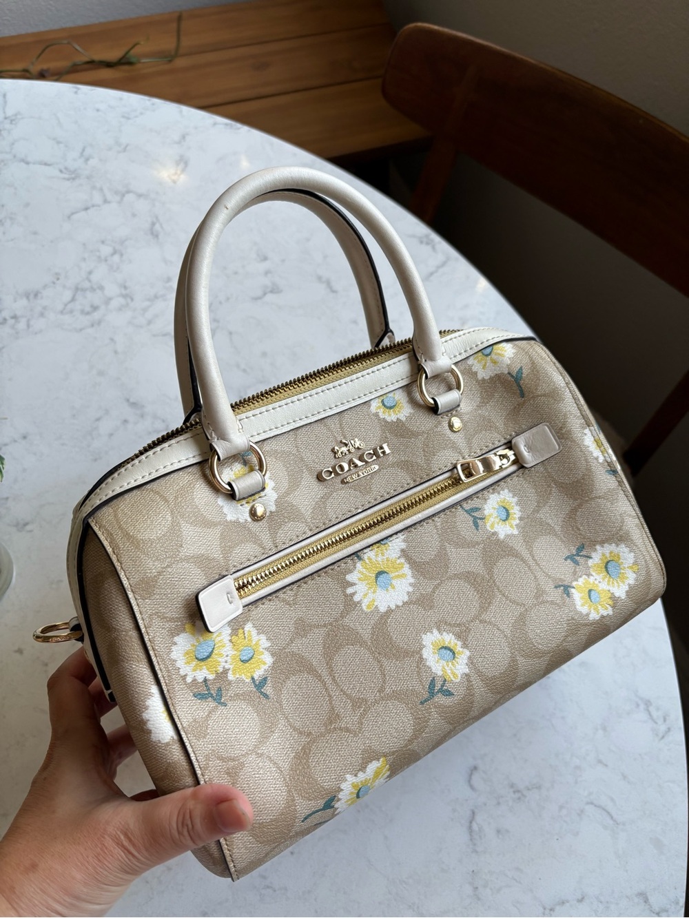 Coach Beige Floral Signature Satchel with Cream Handles